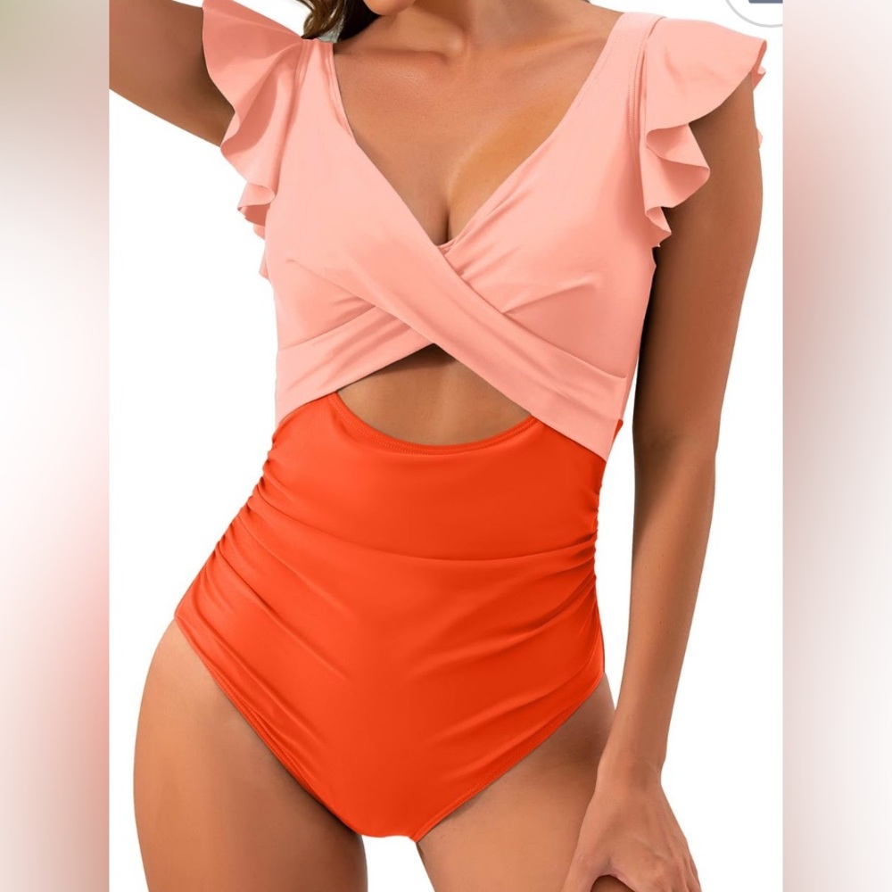 One piece bathing suits peach and orange with cut out stomach🧡